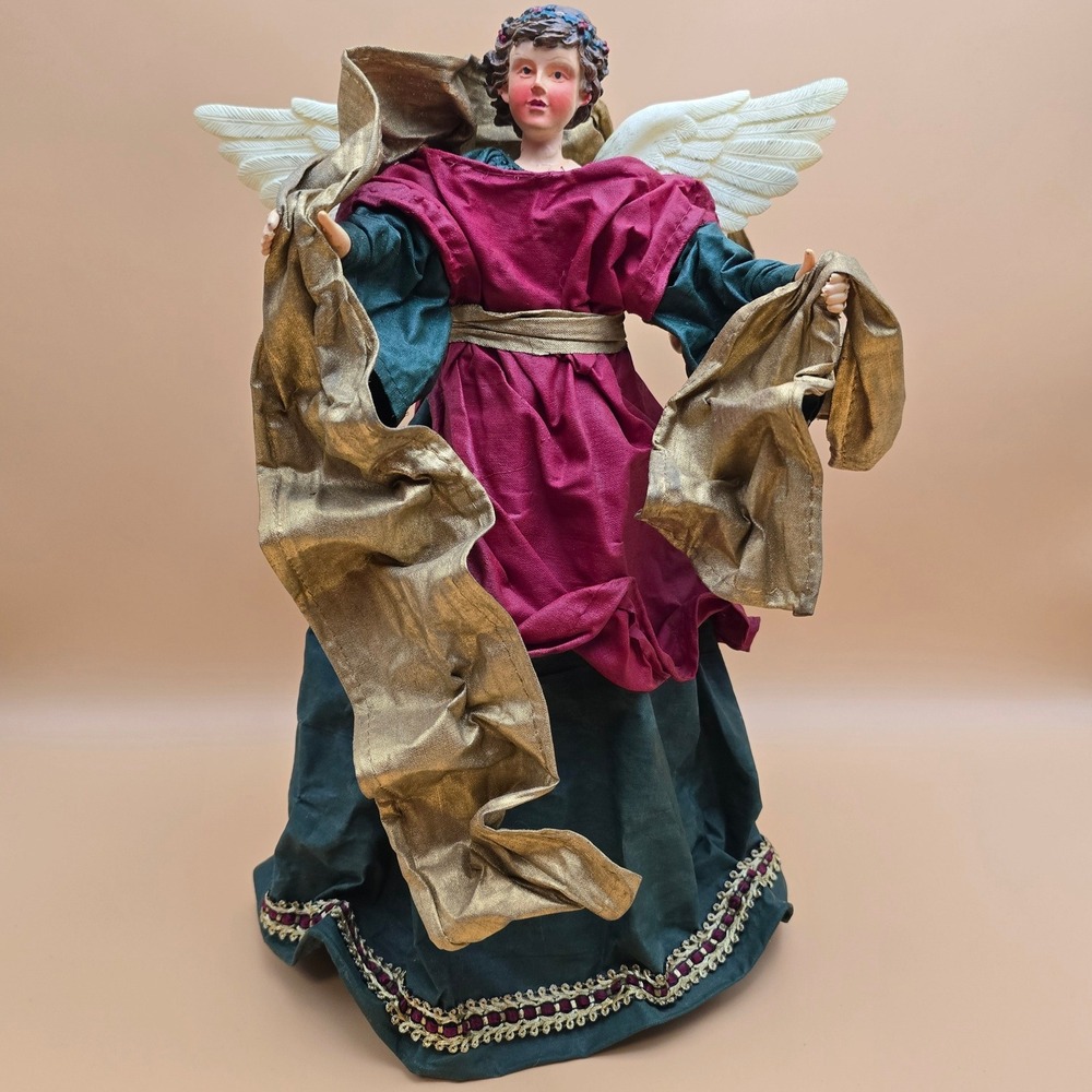 Vintage Christmas Angel Tree Topper Burgundy Green Gold Fabric Resin 12 Inch